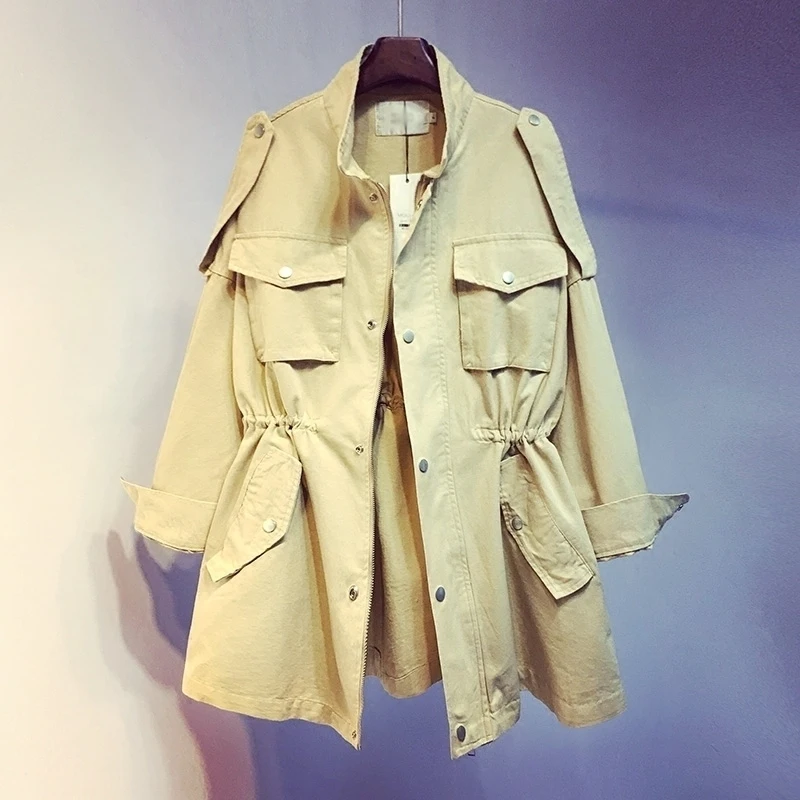 

LANMRME Autumn New Pattern Korean 2018 Pockets Work Clothes Windbreaker Long Sleeve Drawstring High Waist Thin Clothes EF457