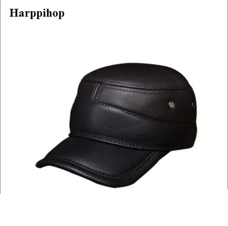 

2020 new genuine leather men military cap hat Harppihop new men's real leather adult solid adjustable army hats/caps fashion