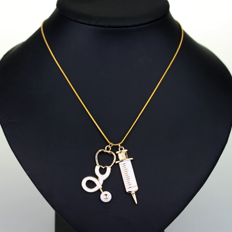 

Fashion Medical Stethoscope Syringe Pendant Necklace NEEDLE Metal Charm Pendant For Cosplay Nurses Women Fashion Jewelry Gifts