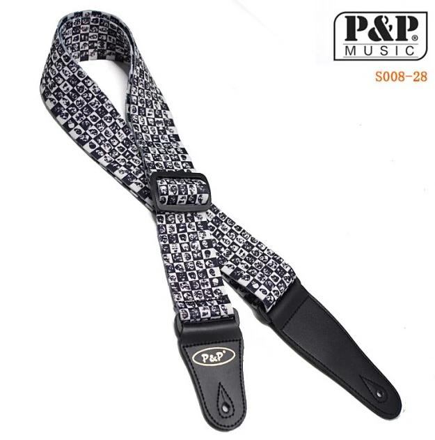 

Black and White Style Guitar Strap Printed Stars Photos Adjustable Soft Belt Leather Ends Electric Acoustic Guitar Accessories