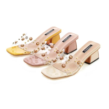 

2019 Women Slippers Square Toe Simple Pearls Summer Transparent Vamp Fashion Girl Shoes Dress Chunky Mid-heel Zapatos De Mujer