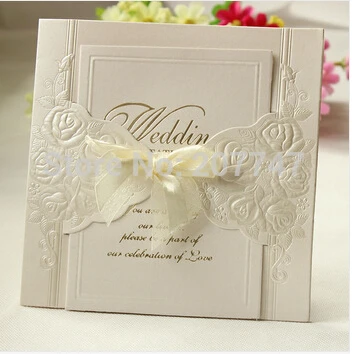 

Set of 20 Ivory Embossed Rosette Rose Flower Wedding Invitation With Organza Bows Party Invite Wedding Cards