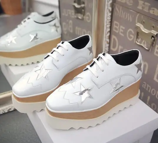white with star JAWAKYE/обувь с пятью звездами золотистого и серебряного цветов; женская повседневная обувь высокого качества с квадратным носком, на шнуровке, на толстой платформе, на танкетке - Цвет: white with star