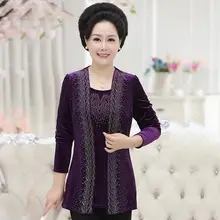 Бархатный топ весна осень для женщин средних лет плюс размер женские поддельные двойка с длинным рукавом Футболка алмазные пуловеры DF429