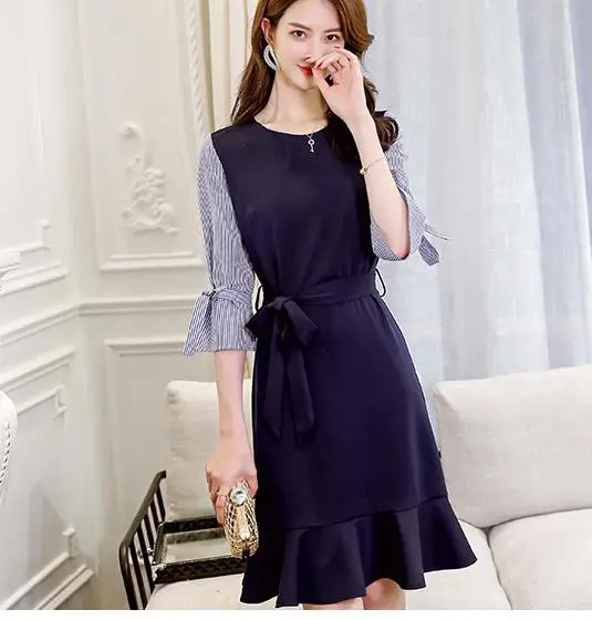 

High quality New 2018 summer elegant Patchwork Three Quarter sleeve party dress women vestidos robe Knee-Length office dress