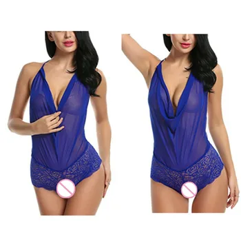 

high quality plus size lace sexy lingerie transparent pajama set hollow out jumpsuit teddies nightgown backless halter sexy