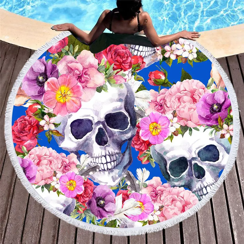 

Round Beach Towel with Tassel Flower skull Microfiber Towel Travel Picnic Blanket Yoga Mat Tapestry style-2