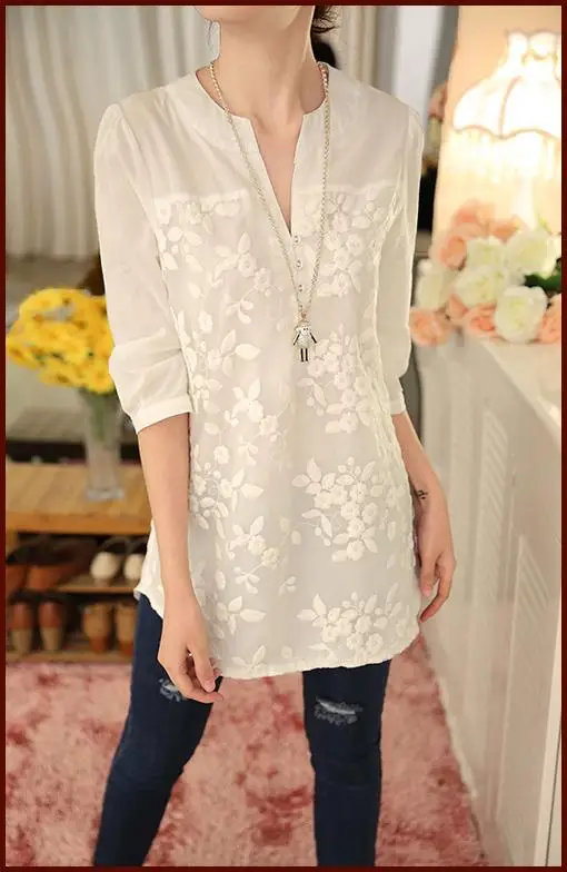 Новая летняя Корейская женская блузка с цветочным принтом, блузка с v-образным вырезом из органзы, белая кружевная блузка топ размера плюс 566F 25