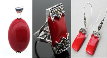 

Fashion designed Red Carved Lacquer Marcasite 925 Sterling Silver Ring(#7-10) Earrings & Pandent jewelry sets