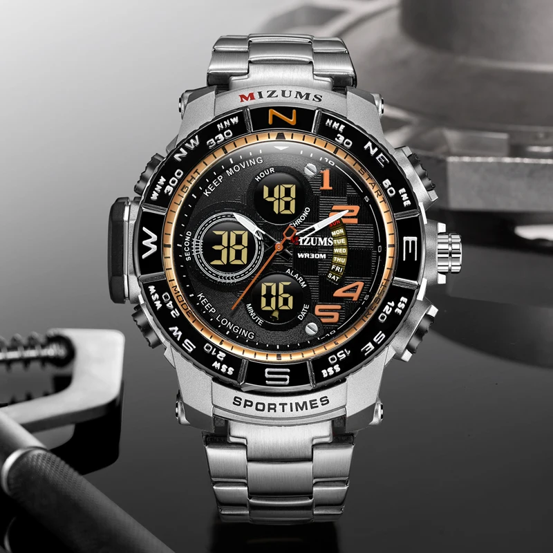 brave for men cool big case golden steel band dual time zones watches for men led digital quartz mens watches free shipping  (17)