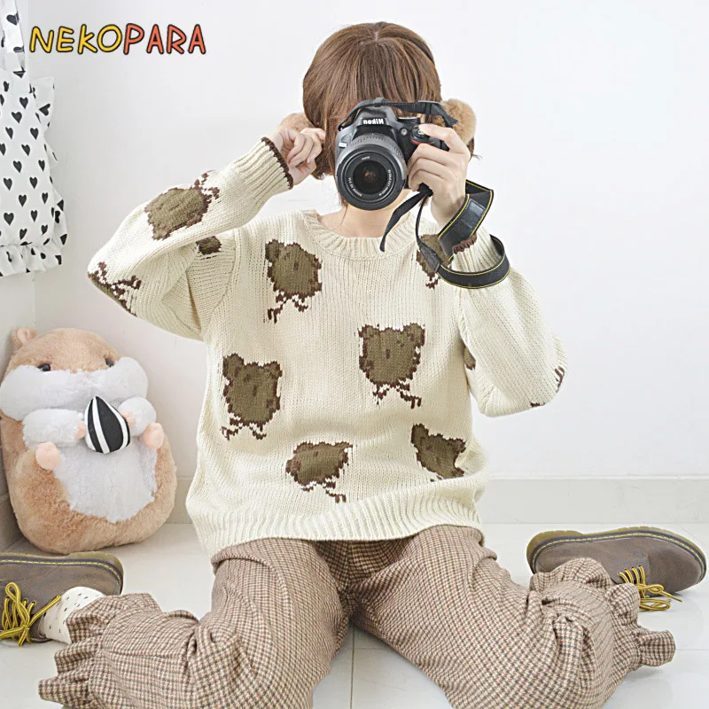 Милый женский вязаный свитер Kuma San Mr. Bear для девочек бежевые пуловеры с длинным