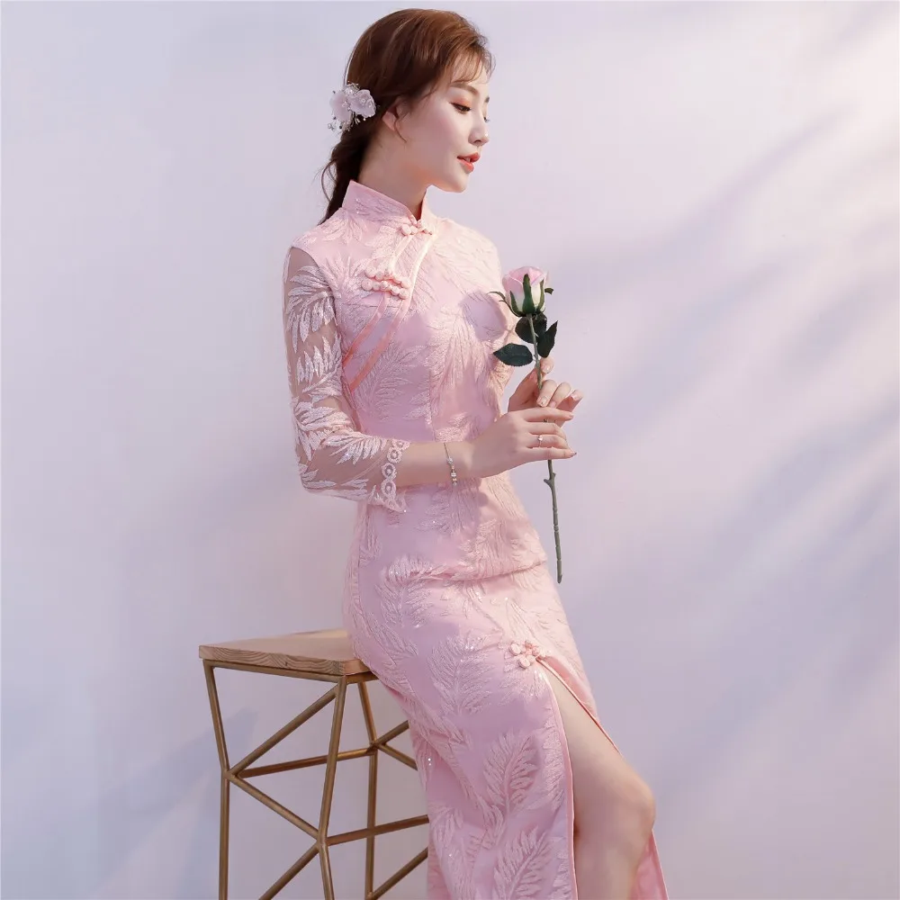 Шанхай история китайское традиционное платье 3/4 с длинным рукавом Qipao для Для женщин кружева платье Ципао Oriental Стиль платье 3 цвета