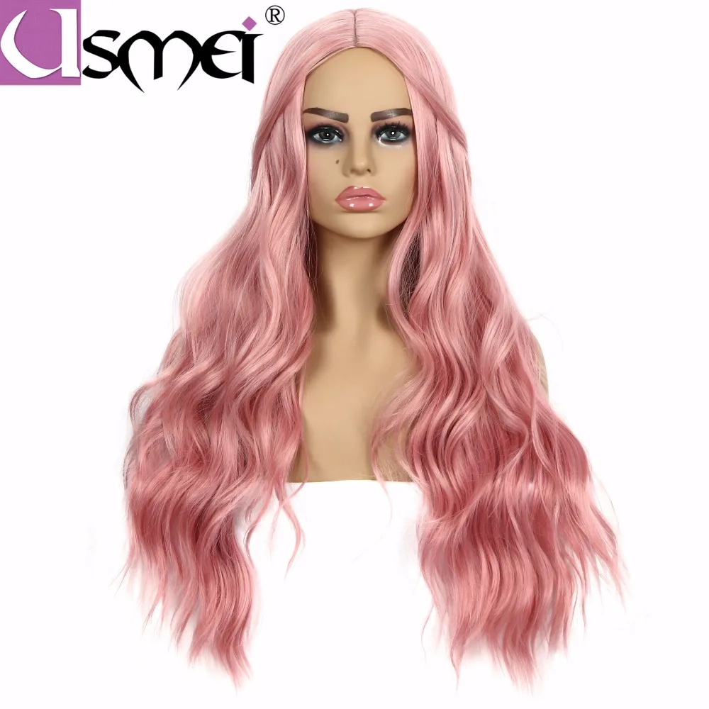 

USMEI Hair long Body Wave synthetic wigs 7colors for women pink blonde black ombre brownFull Machine Made Wigs for Women 24Inch