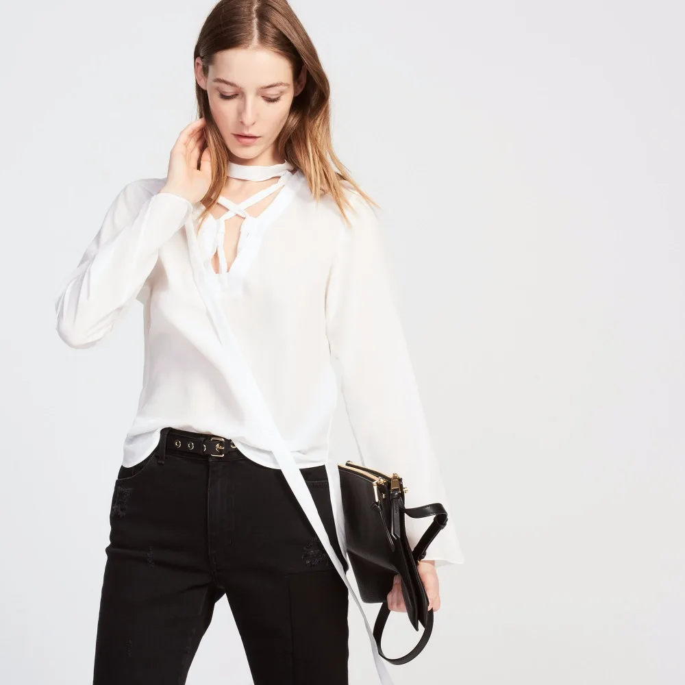 Front Lace-up Black White Office Blouse