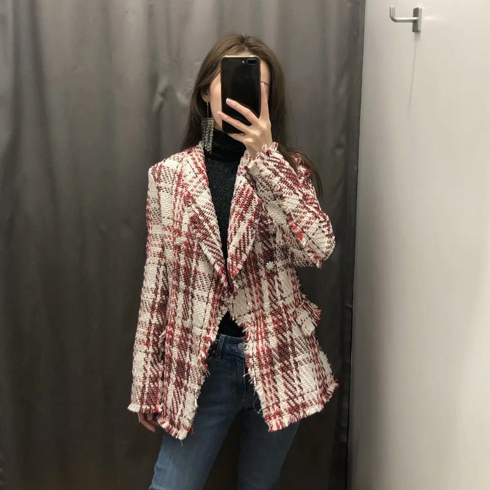 

Spring and Autumn New Fashion Jewelry Inlay Twill Tweed Jacket Europe and America Women's Wild Long Sleeve Blazer AL190316