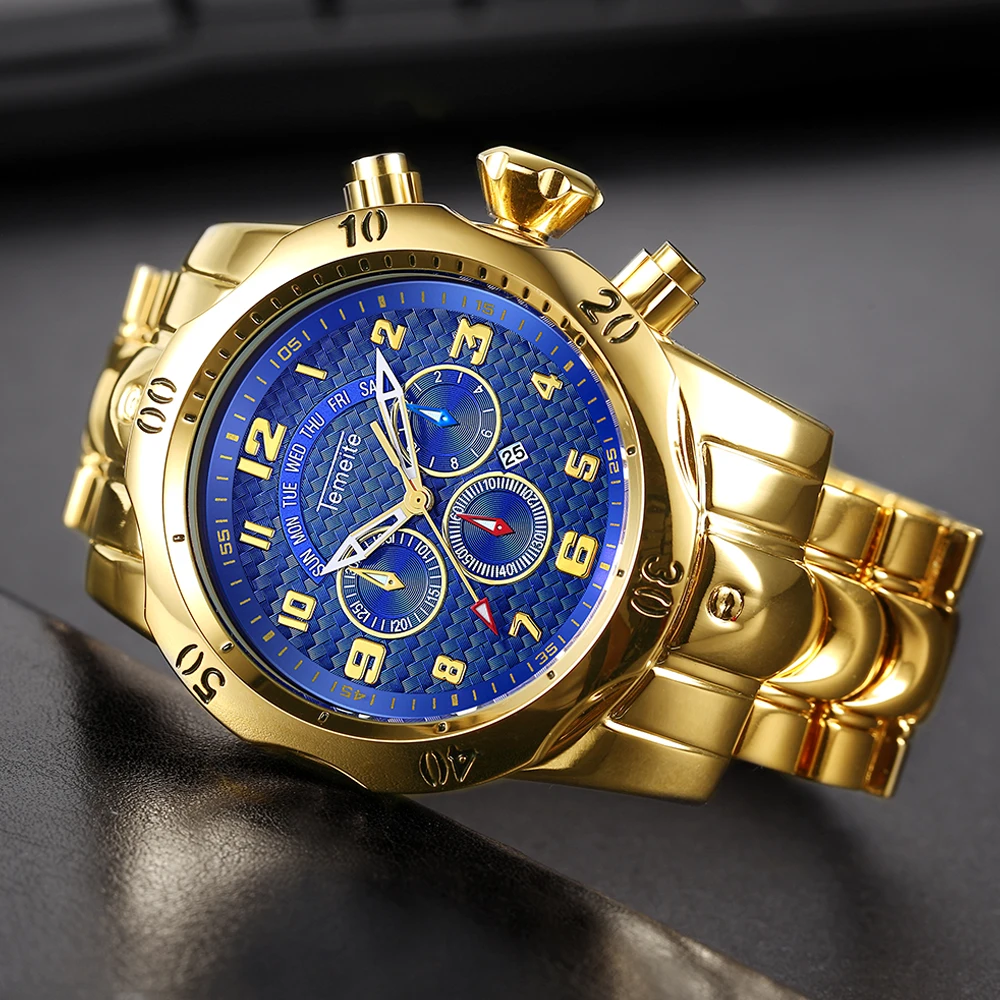 Temeite Luxury Brand Design Men's Watches Golden Quartz Watch For Men Sport Waterproof Male Wristwatch Relogio Dourado Masculino