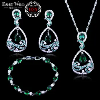 

Exquisite Water Drop Green Stone silver color Jewelry Sets For Women Wedding Earrings Bracelet Pendant Necklace Free Gift Box