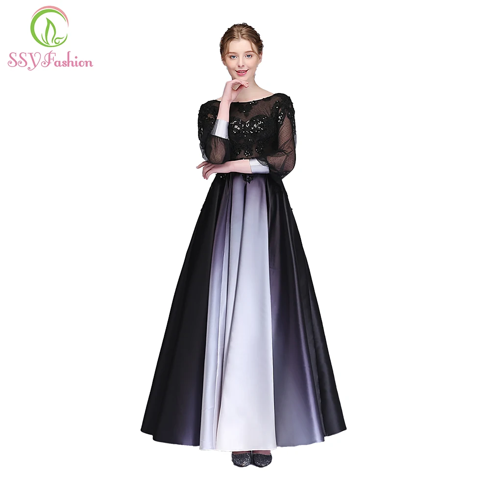 Ssyfashion Новое Вечернее платье для торжеств элегантный Длинные рукава длиной до пола, Черное кружево аппликации градиент Цвет Вечерние
