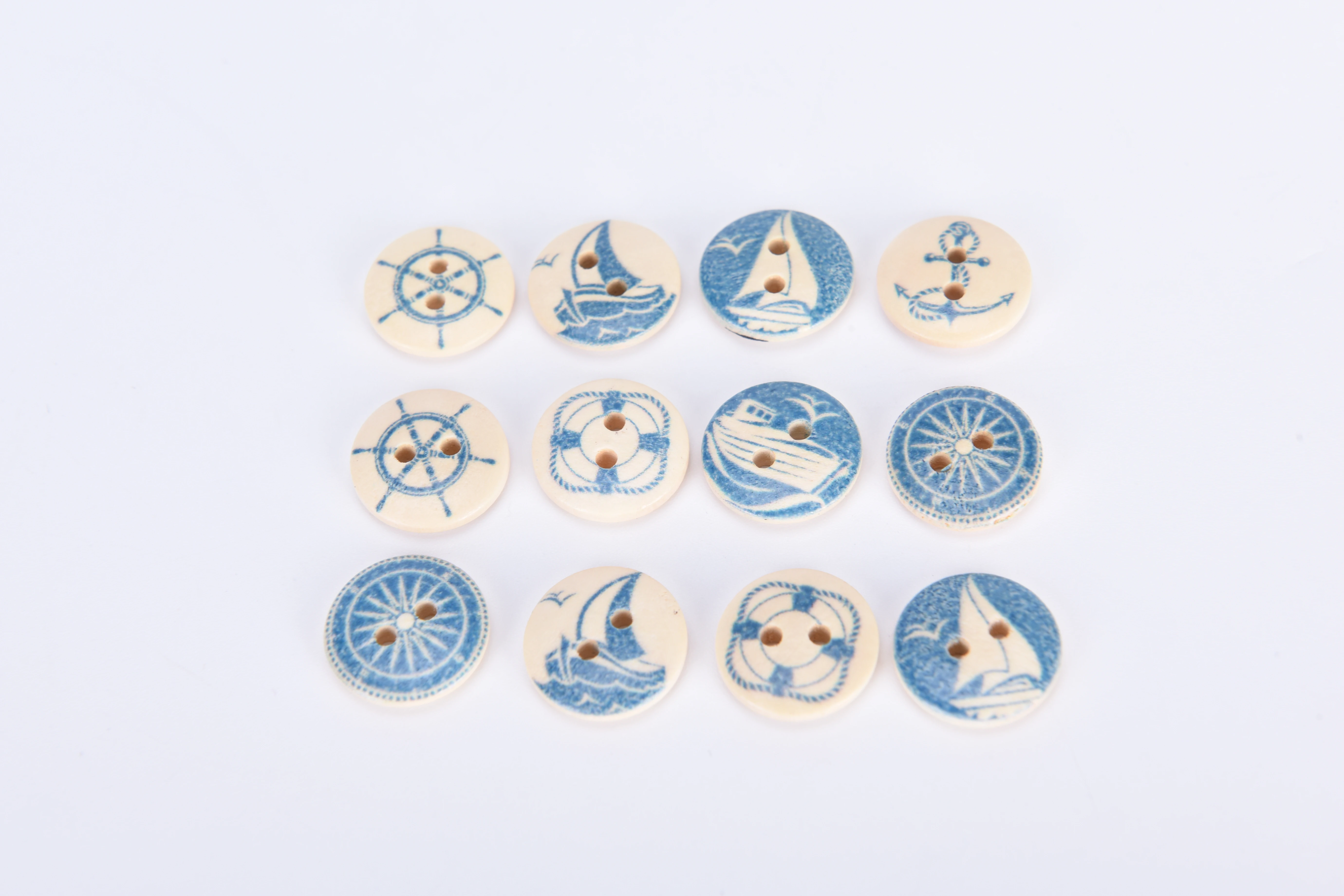 10PCs Natural Wooden Round Buttons Blue Nautical Design Sewing AccessorieYYH2