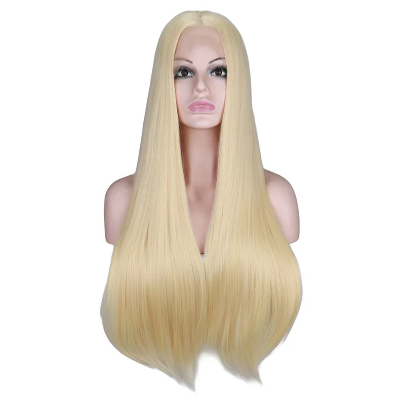 

QQXCAIW Synthetic Lace Front Wig For Women Long Straight 26 inch Yellow Black Natural White Heat Resistant Fiber Wigs