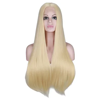 

QQXCAIW Synthetic Lace Front Wig For Women Long Straight 26 inch Yellow Black Natural White Heat Resistant Fiber Wigs