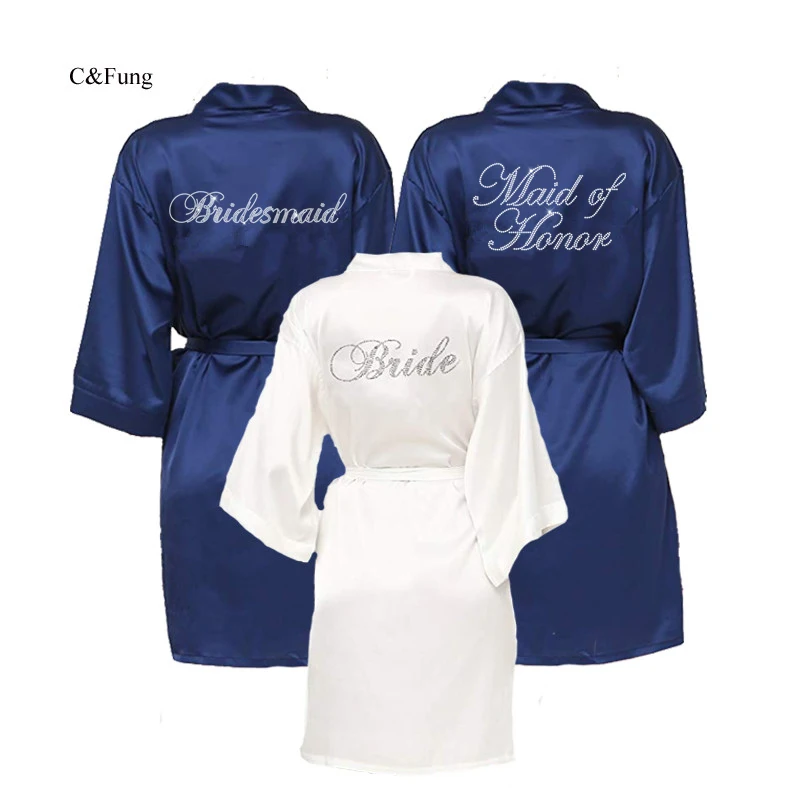 

C&Fung dark blue bride robe Women's Bridesmaid Kimono Robes Satin Rhinestone Short Wedding Kimono Bathrobe Brides Wedding Party