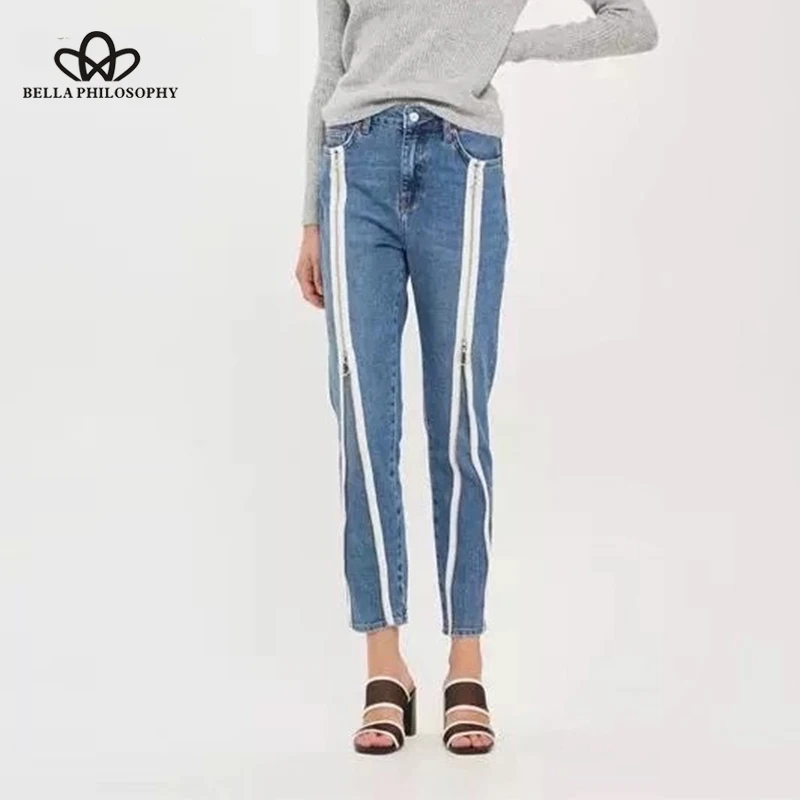

Bella Philosophy summer casual skinny denim zipper panelled pencil pants highstreet patchwork fashion slim jeans blue bottoms