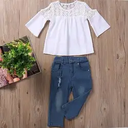 Летние кружевные топы для маленьких девочек, футболка + джинсовые штаны, комплект одежды