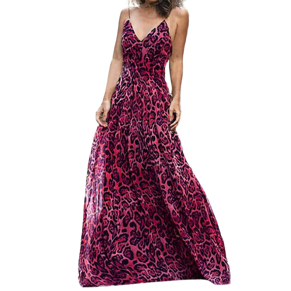 Весеннее женское длинное платье, сексуальное леопардовое платье с высокой талией, женское платье в пол, v-образный вырез, вечерние платья на бретелях, длинное платье