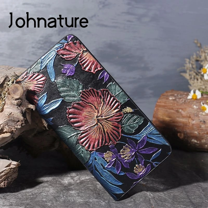 Женские винтажные кошельки из натуральной кожи Johnature Длинные полиэстера на