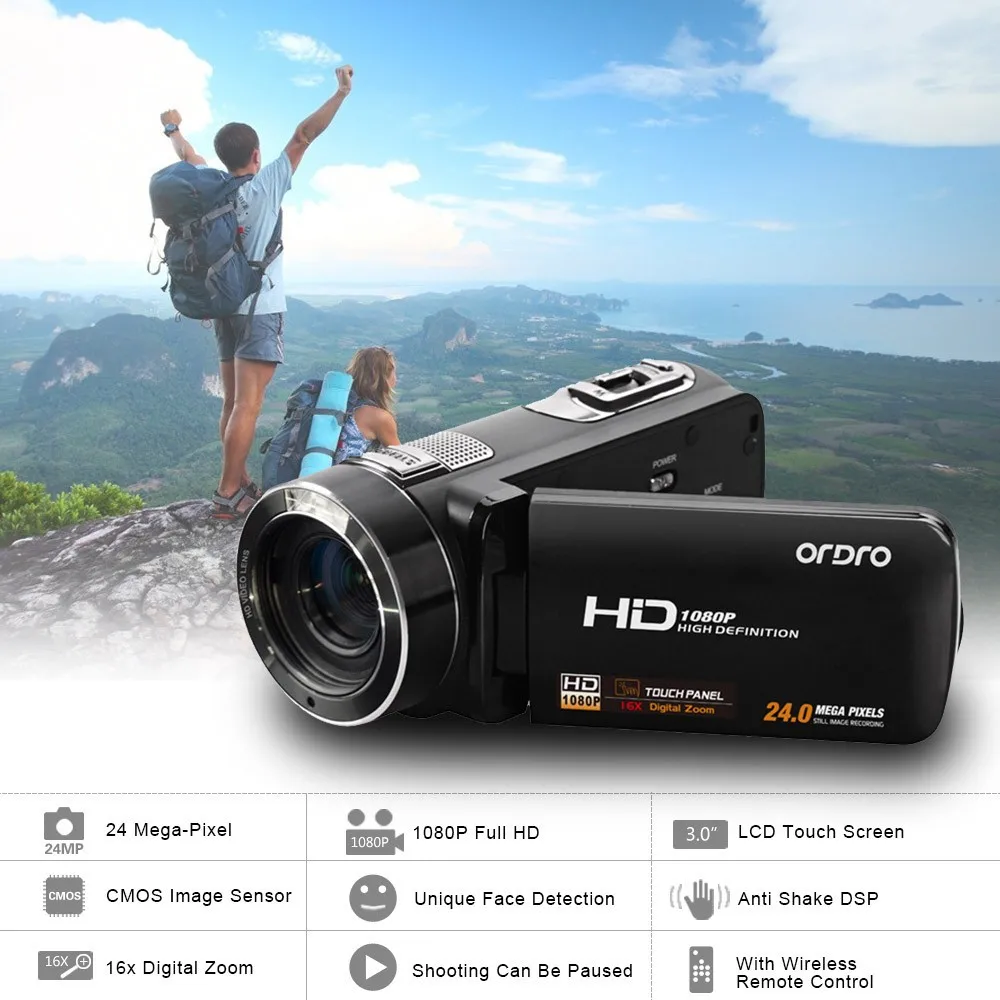 

Ordro Protable Digital Video Camcorder DVR Z8 Full HD 1080P 16X Zoom 3"Touch Screen 24MP Resolution withWireless remote control
