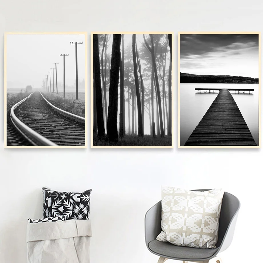 

Black White Forest Railway Seascape Wall Art Canvas Painting Nordic Posters And Prints Wall Pictures For Living Room Home Decor