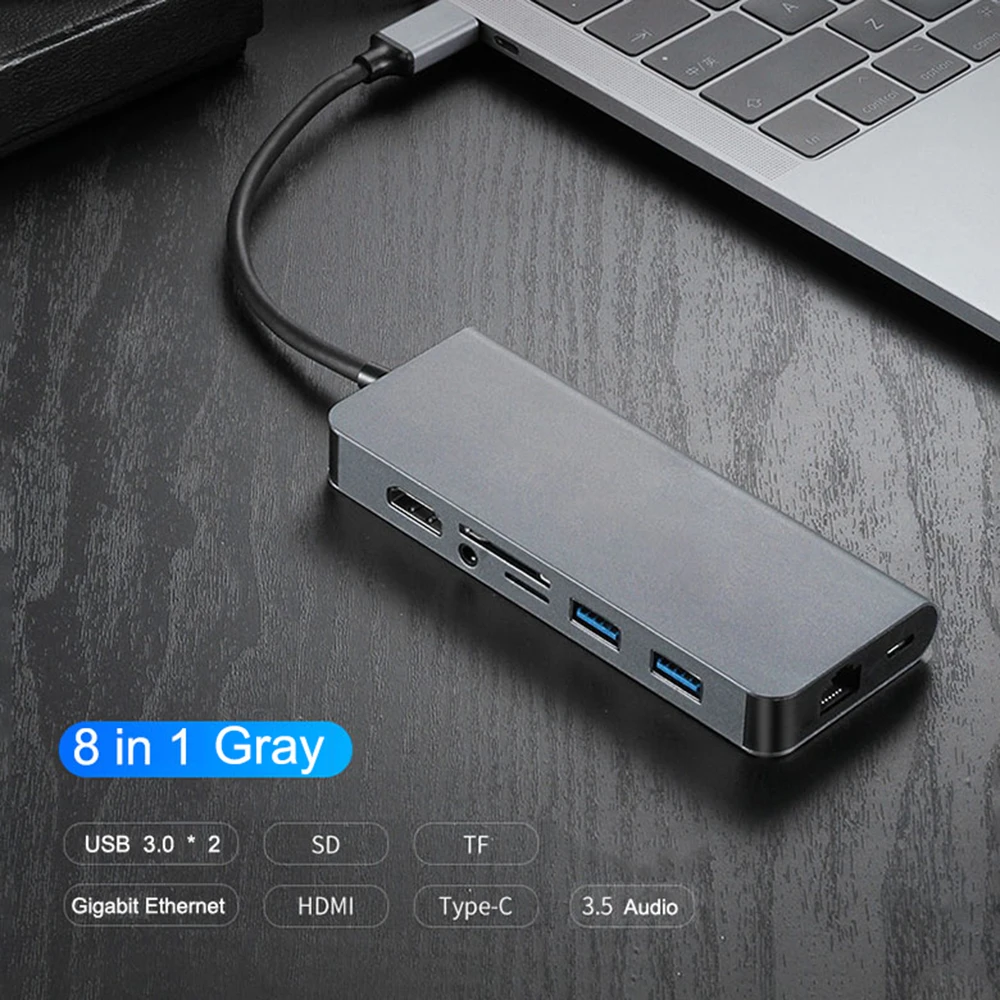 8 in 1 USB 3.1 Type C HUB to 4K HDMI 3.5mm Audio RJ45 Gigabit Ethernet Adapter with Type C PD Charging SD TF Card Reader USB HUB