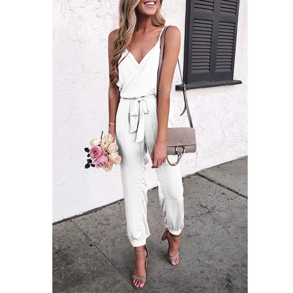 

Fashion Jumpsuit Romper Women Overalls Sleeveless Strap Solid V-Neck Strapless Bandage Sexy Long Jumpsuit Summer Clothes