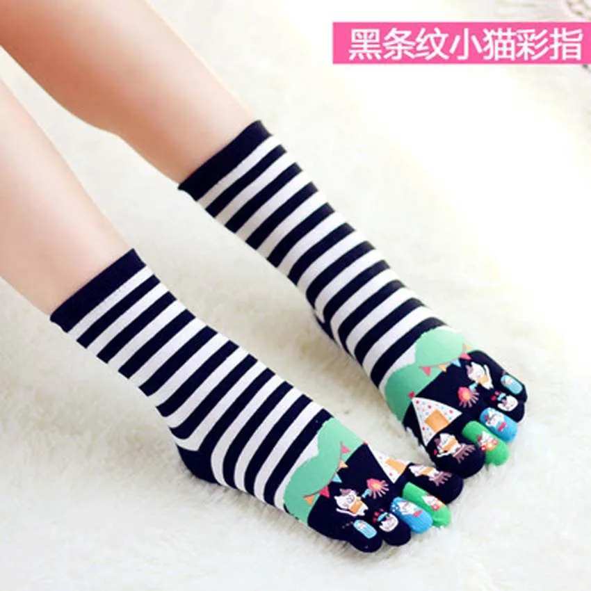 Funny funky long women socks Cotton Five fingers sock Cat stripes color