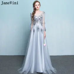 JaneVini Vestidos 2018 Тюль Бусы линия мать невесты платья с рукавом Hand Made Цветы Sheer Вернуться Vestidos де Noite