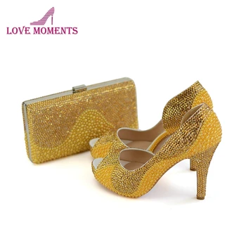 

Gold Rhinestone Yellow Pearl Bridal Dress Shoes Clutch 4 Inches High Heel Summer Peep Toe Wedding Party Shoes with Matching Bag