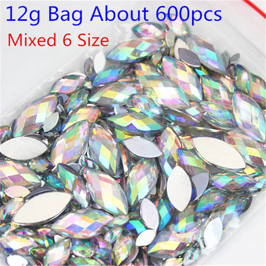 

600pcs Mix 6 Size Acrylic Rhinestones Horse eye Crystal AB Flat Back 3D Non HotFix Nail Art Decoration for Wedding Crafts MC80