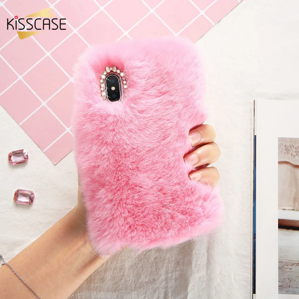 

KISSCASE Real Rabbit Fur Case For iPhone X Luxury Winter Hairy Diamond Fluffy Cases For iPhone 8 8 Plus Bling Diamond Capinhas