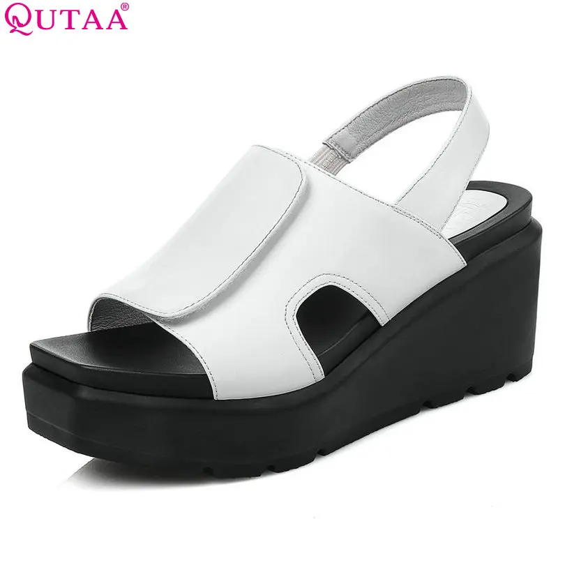 

QUTAA 2017 Women Sandal Wedge High Heel Slingback Genuine Leather Women Shoes Elastic band Ladies Wedding Shoes Size 34-42