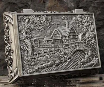 

Exquisite old chinese tibet silver carved home bridge Trinket/jewel box
