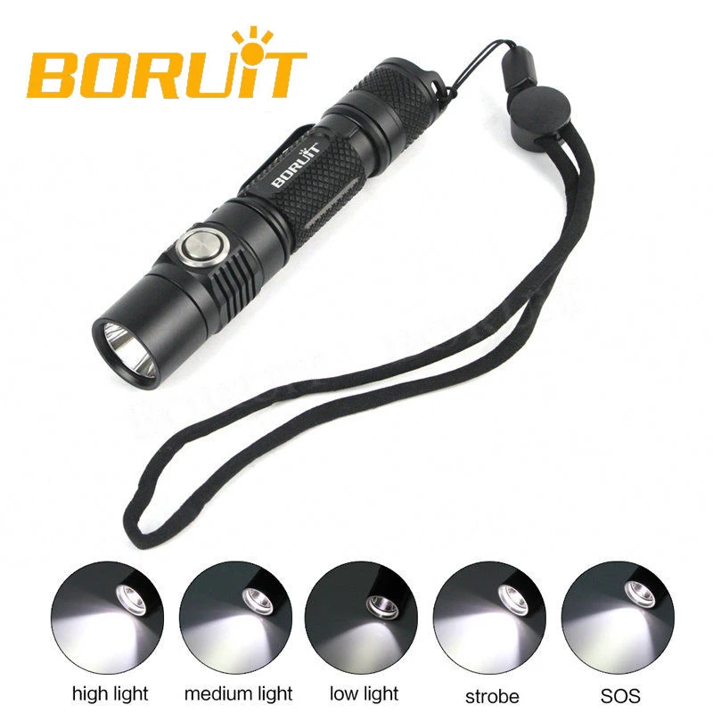 BORUiT 1180lm XM L2 LED USB Rechargeable Tactical EDC Flashlight 18650 Waterproof Lampin
