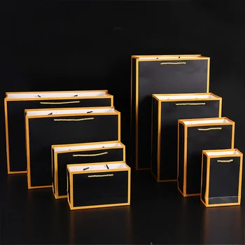 

10pcs/pack Black Paper Bag With Gold Frame Ask MOQ To Customization For Commercial Gift Boutique Party Wedding Candy Packing