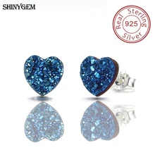 ShinyGem 8 мм 925 пробы серебряные серьги-гвоздики Любовь Сердце треугольник Овальный Капля воды небольшой Druzy натуральный камень серьги для женщин