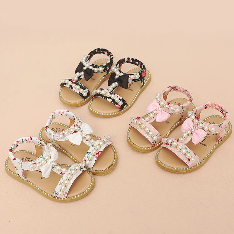 

Summer 2019 New Korean Children's Sandals Girls'Flower-colored Open-toed Pearl Princess Shoes Small Anti-skid Baby Shoes