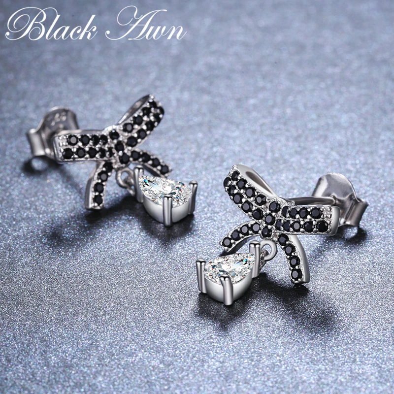 

Birthday Present Romantic 925 Sterling Silver Jewelry Engagement Bow Stud Earrings for Women Black Spinel Female Earring I032