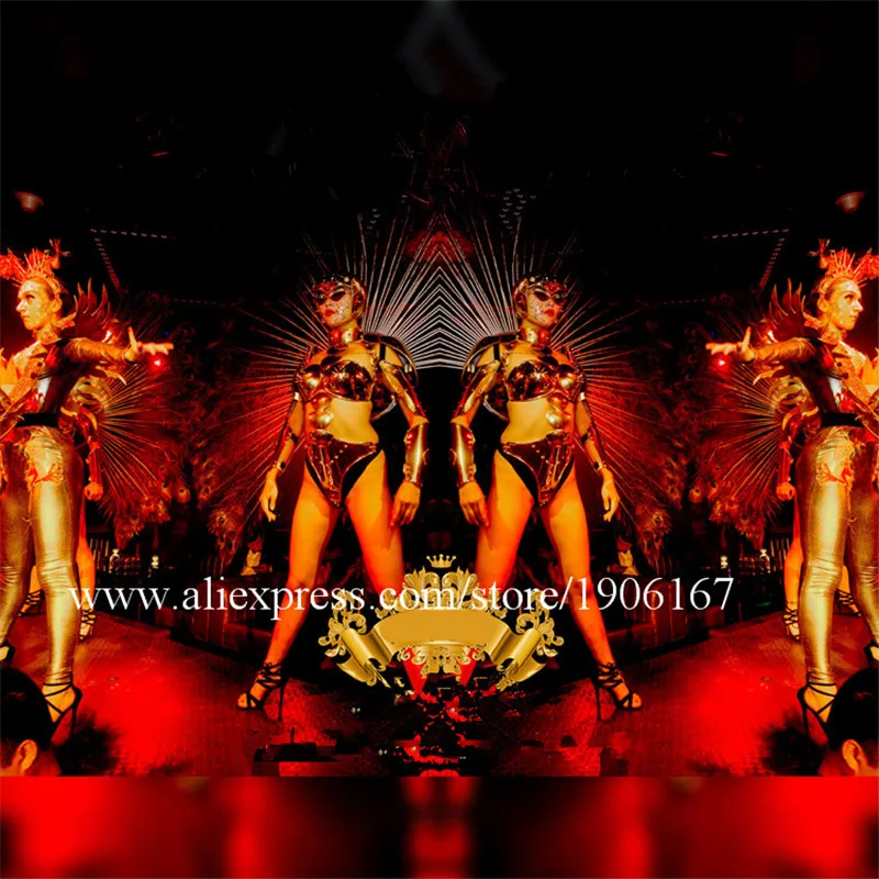 Singer robot women suit dance stage costumes catwalk show dress rivets bodysuit gold mirror clothes party models dress club0