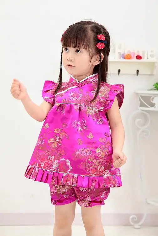 Новые летние детские комплекты Ципао с цветочным принтом, новогодние китайские платья для маленьких девочек, короткие штаны, костюмы чонсам - Цвет: MD
