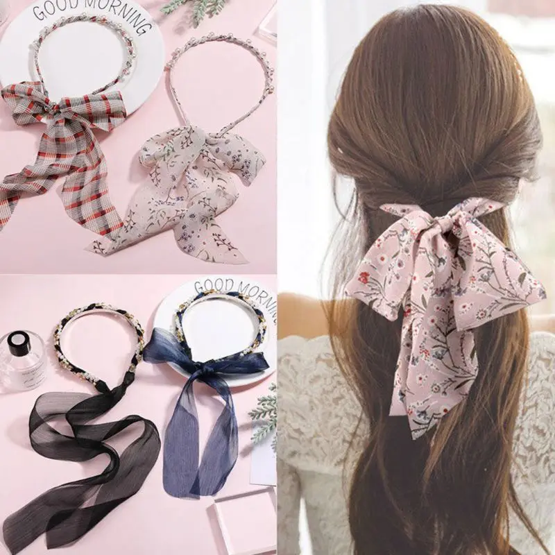 

Korean Ladies Sweet Girls Imitation Pearl Rhinestone Headband Woven Braided Floral Bowknot Ribbon Hair Hoop Vintage Headpiece