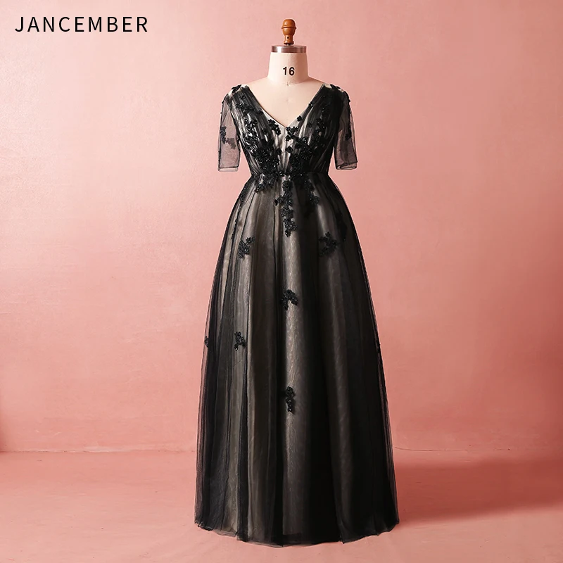 

JANCEMBER Plus Size Black Evening Dress Half Sleeves V-Neck Lace Up Back Applique Lace A-Line Elegant Evening Gowns Real Photos
